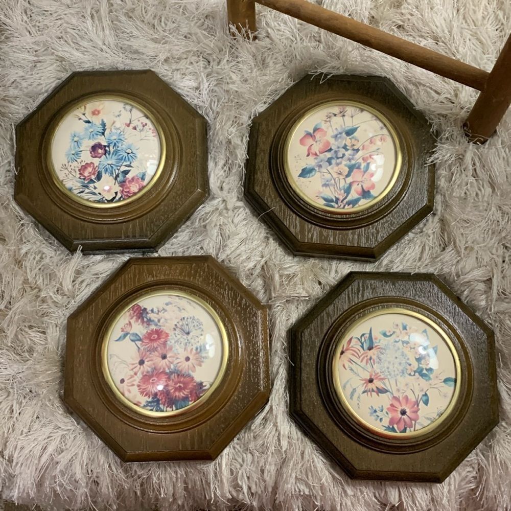 Vintage R60 1697 Plastic Faux Wood Octagon Floral Prints Dome Frame Set Of Four